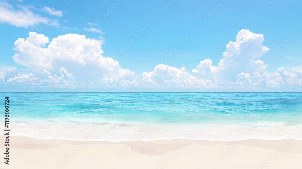A serene beach scene featuring soft white sand, crystal-clear turquoise waters, and fluffy white clouds against a bright blue sky. A serene beach scene featuring soft white sand, crystal-clear turquoise waters, and fluffy white clouds against a bright blue sky.