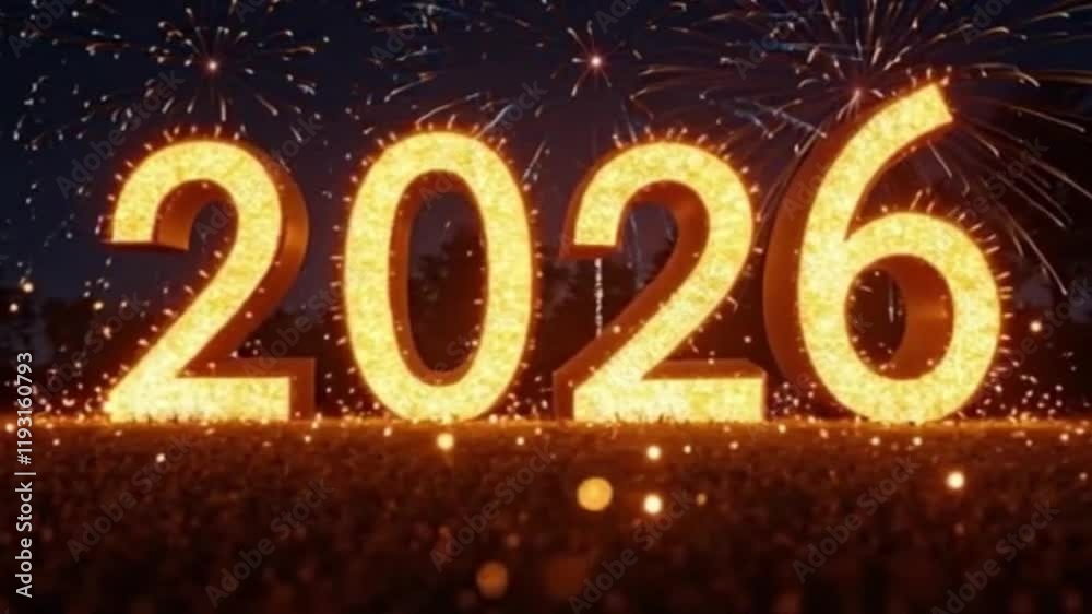 A celebratory 2026 animation with golden text, dynamic fireworks, and glowing particles swirling around, creating a lively and joyful atmosphere A celebratory 2026 animation with golden text, dynamic fireworks, and glowing particles swirling around, creating a lively and joyful atmosphere