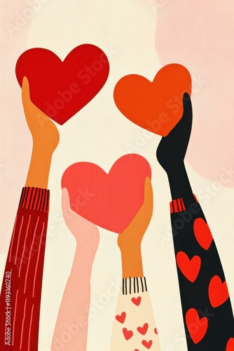 Colorful hands holding hearts symbolize love and unity in a vibrant, artistic illustration.