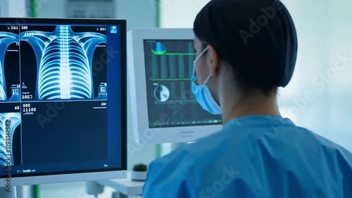 Medical professional analyzing X-ray images on a monitor.