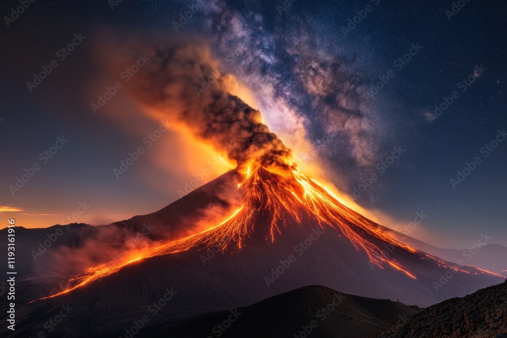 Fototapeta premium A night view of an active volcano, with glowing lava lighting up the dark landscape and stars visible in the clear sky