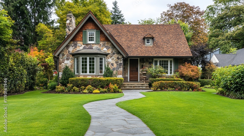 Charming stone house with lush green lawn and paved pathway. Charming stone house with lush green lawn and paved pathway.