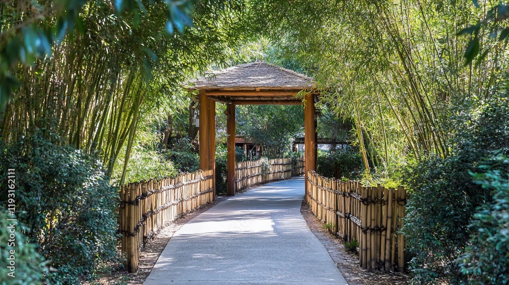 Serene bamboo pathway leading to a wooden gazebo in a lush garden. Serene bamboo pathway leading to a wooden gazebo in a lush garden.