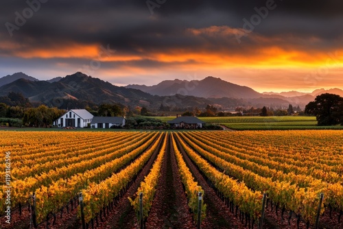 A panoramic view of a vineyard during autumn, with leaves turning golden yellow and deep red, and grape clusters ready for harvest photo