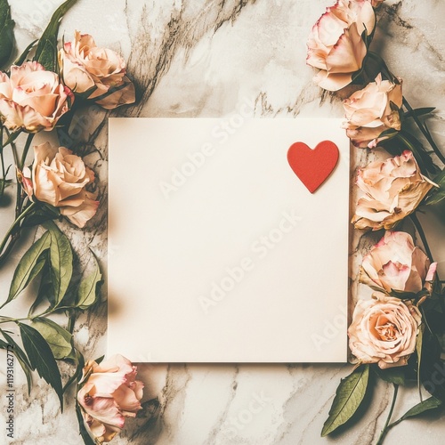 A blank square card adorned with a red heart, surrounded by soft pink roses on a marble background, perfect for romantic messages or invitations.