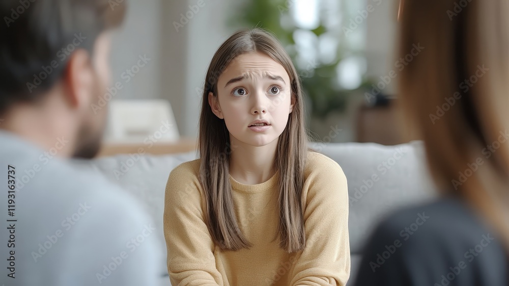 Obraz premium Teenage Girl Confiding in Parents During a Serious Problem with Family.