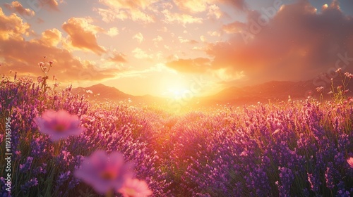 A field of lavender flowers swaying gently in the breeze, peaceful setting, aromatic, calming, soft light, natural beauty