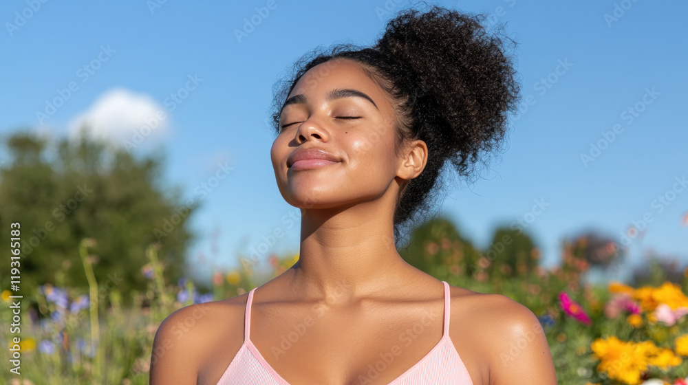 Malay woman breathing and relaxing on a beautiful colorful flower field Malay woman breathing and relaxing on a beautiful colorful flower field