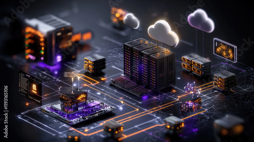 concept of cloud gaming server farm with powerful servers, glowing data centers, and interconnected cloud icons. This futuristic design showcases advanced technology and digital infrastructure