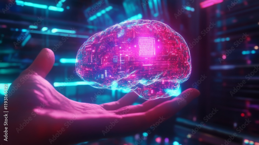 Obraz premium A human hand holds a digital brain with intricate circuit patterns glowing in neon colors