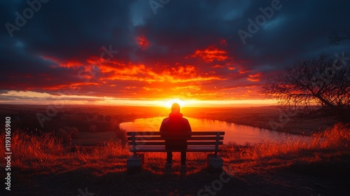 A lone person sitting on a bench watching the sunrise, contemplative moment, tranquil sunrise