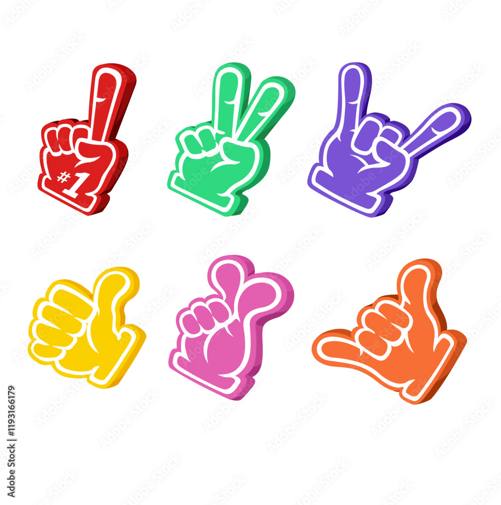 Fototapeta premium Number One, Thumb Up And Peace Foam Hand Symbol Sport Supporter Collection Set Illustration Vector