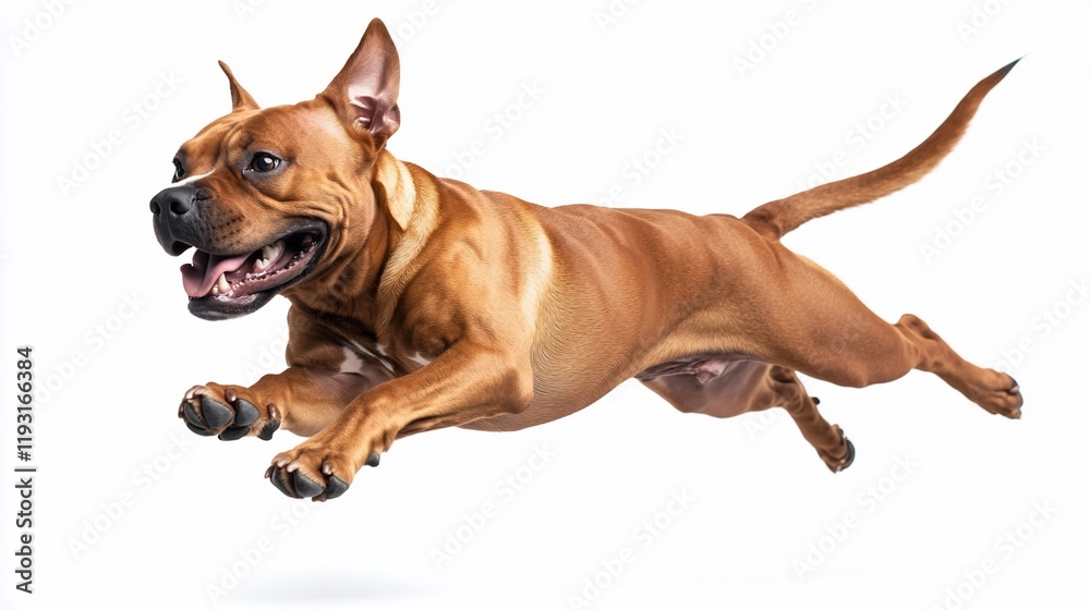 Reddish-brown dog leaps dynamically against a white backdrop. Reddish-brown dog leaps dynamically against a white backdrop.