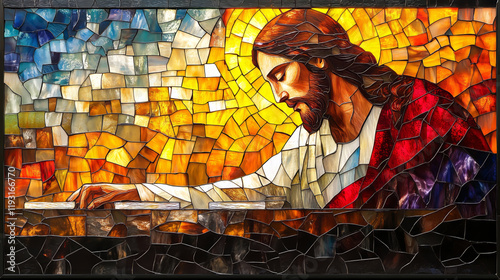 A stained glass picture representing Jesus