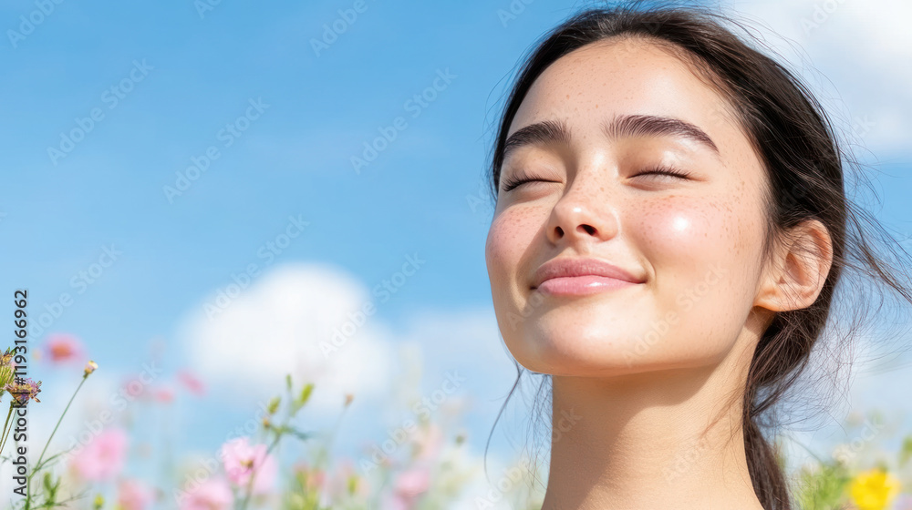 Australian woman breathing and relaxing on a beautiful colorful flower field Australian woman breathing and relaxing on a beautiful colorful flower field