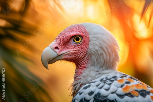 A portrait of a vulture with its distinctive wrinkled neck and sharp eyes, rendered in incredible detail with a blurred background