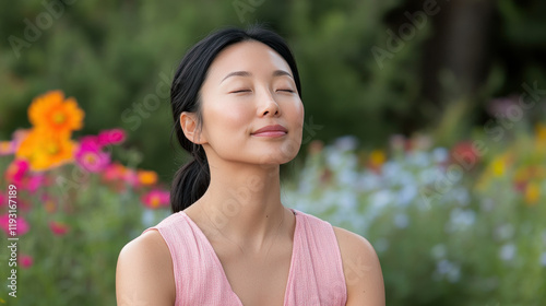 Chinese woman breathing and relaxing on a beautiful colorful flower field