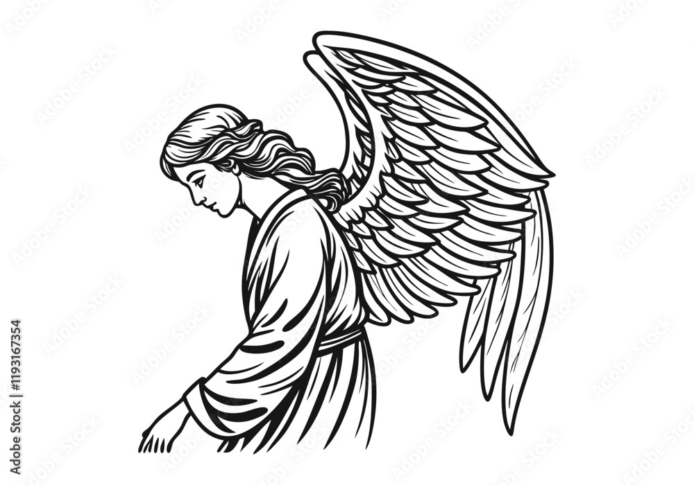 Fototapeta premium Vintage Angel Woodcut Engraving Style Vector Illustration with Intricate Hand-Drawn Details