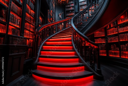 A vampire's lair hidden in an ornate library, with secret passages and ancient tomes glowing with faint red light