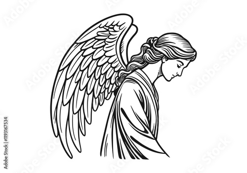 Vintage Angel Woodcut Engraving Style Vector Illustration with Intricate Hand-Drawn Details