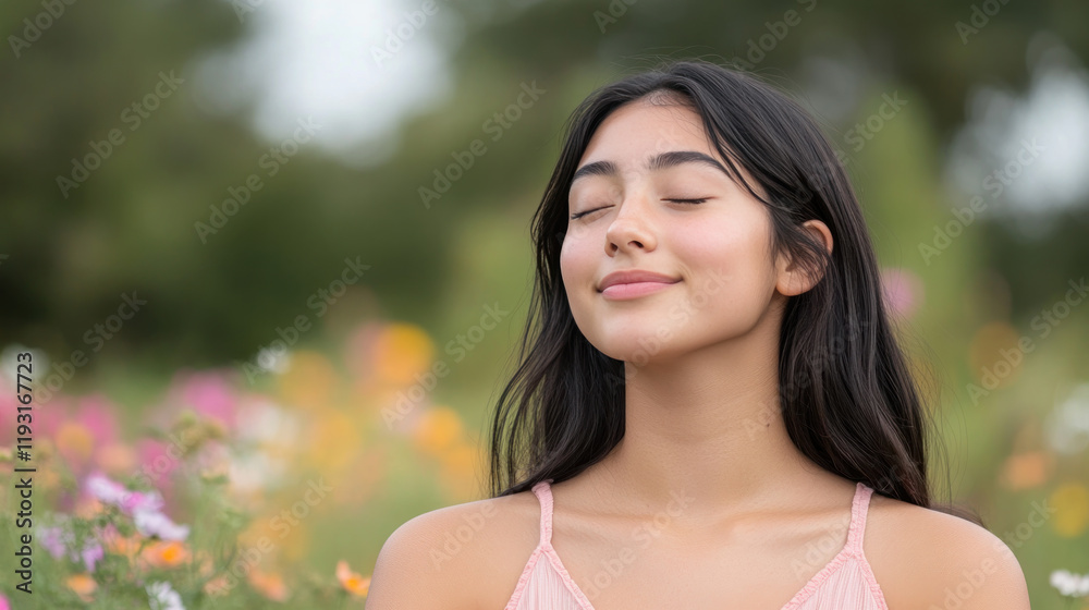 Hispanic woman breathing and relaxing on a beautiful colorful flower field Hispanic woman breathing and relaxing on a beautiful colorful flower field