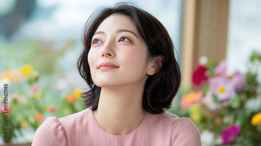 Japanese woman breathing and relaxing on a beautiful colorful flower field Japanese woman breathing and relaxing on a beautiful colorful flower field