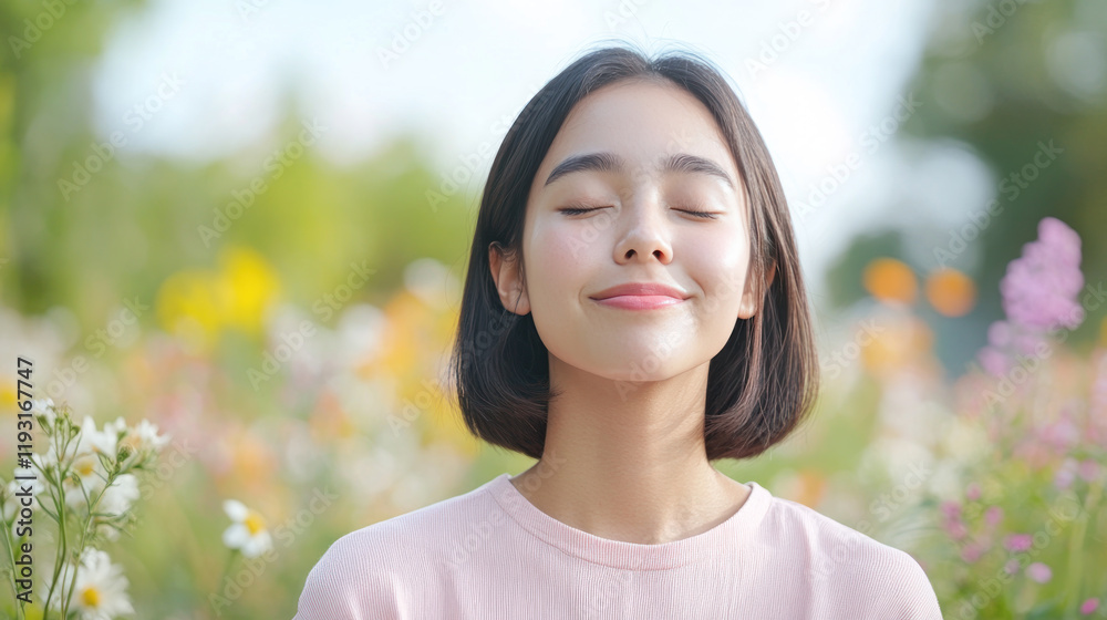 Indonesian woman breathing and relaxing on a beautiful colorful flower field Indonesian woman breathing and relaxing on a beautiful colorful flower field