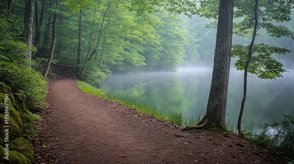 Obraz premium Misty morning trail by tranquil lake in lush forest.