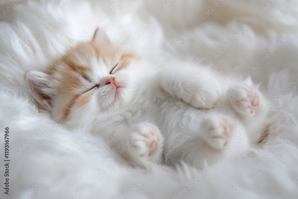 Adorable tiny kitten sleeping soundly on a soft white fluffy blanket. Adorable tiny kitten sleeping soundly on a soft white fluffy blanket.