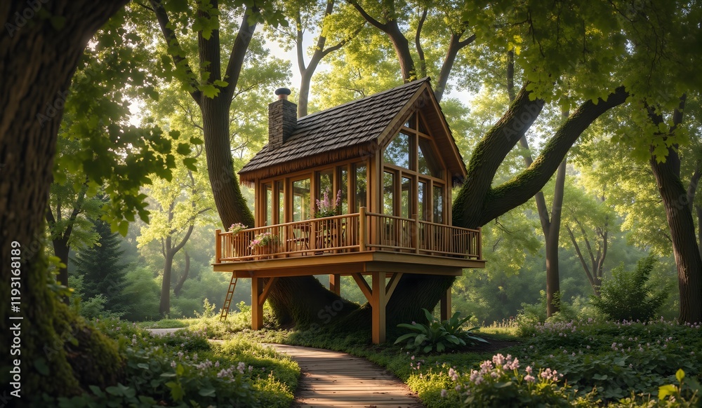 A beautiful treehouse with a wooden balcony, nestled between sturdy tree branches, surrounded by lush greenery, blooming flowers, and soft sunlight along a winding forest path. A beautiful treehouse with a wooden balcony, nestled between sturdy tree branches, surrounded by lush greenery, blooming flowers, and soft sunlight along a winding forest path.