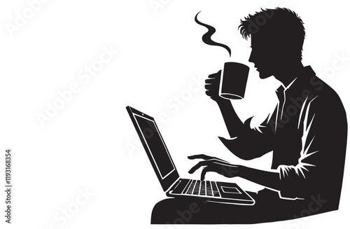 a man using a laptop with a coffee mug silhouette vector illustration isolated on a white background