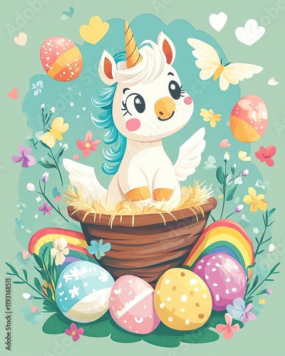 Easter festive cartoon . Cartoon unicorns with pastel Easter rainbows on a gradient backdrop photo