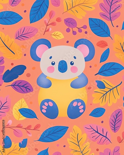 Wallpaper Mural Easter festive cartoon . Cute cartoon koalas with pastel Easter leaves on a gradient background Torontodigital.ca