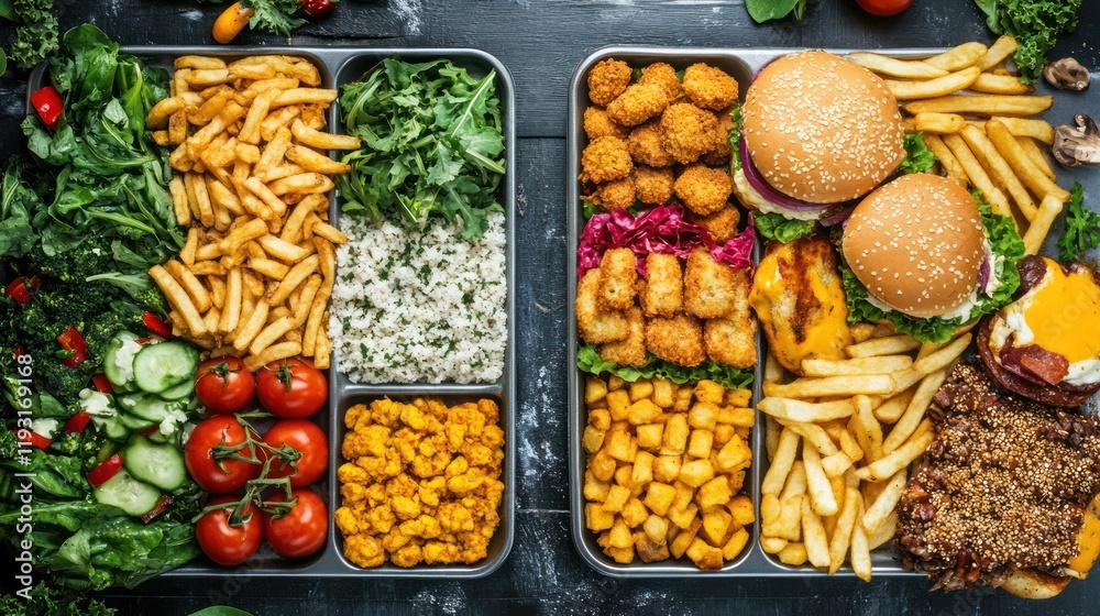 comparing healthy vegetarian food and unhealthy processed fast food. One half of the image displays a wholesome meal with fresh greens comparing healthy vegetarian food and unhealthy processed fast food. One half of the image displays a wholesome meal with fresh greens