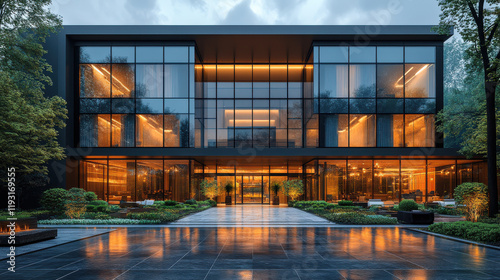 Modern hotel exterior with glass facade, welcoming atmosphere, and lush landscaping. elegant design features warm lighting and serene environment, perfect for relaxation