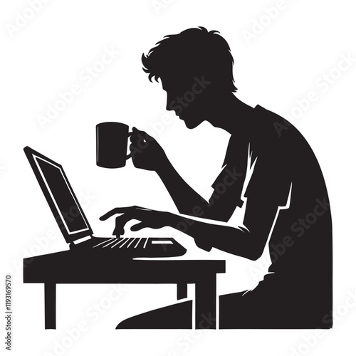 a man using a laptop with a coffee mug silhouette vector illustration isolated on a white background