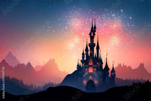 A vibrant vector illustration of fireworks above a castle silhouette, evoking themes of fantasy and wonder photo