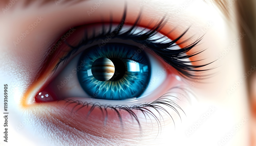 Obraz premium beautiful blue eye with planets like astrology and planet concept, universe and space, galaxy and astronomy, cinematic, with white tones