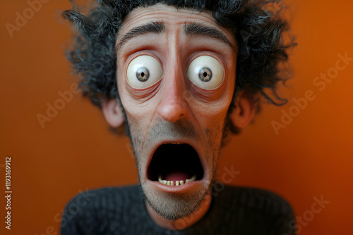 Surprised man with exaggerated expression showing shock and disbelief in a vibrant indoor setting
