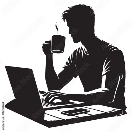 a man using a laptop with a coffee mug silhouette vector illustration isolated on a white background
