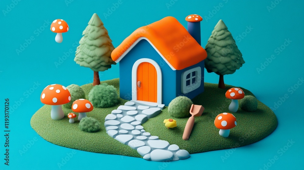 Cute cartoon house, mushrooms, trees, garden. Cute cartoon house, mushrooms, trees, garden.