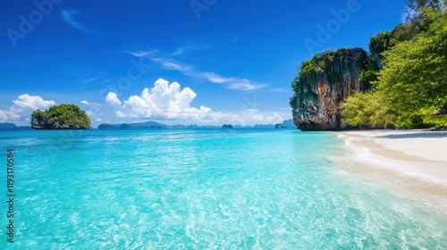 A stunning beach scene with crystal-clear water, white sand, lush greenery, and a bright blue sky, perfect for relaxation and adventure.