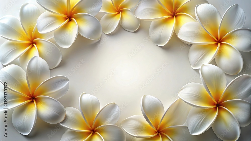 Serene arrangement of delicate white blossoms with yellow centers, forming a beautiful frame on a soft background Serene arrangement of delicate white blossoms with yellow centers, forming a beautiful frame on a soft background