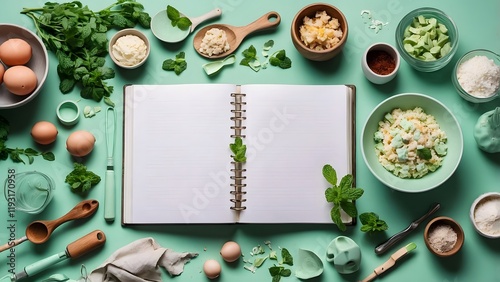 Cooking Preparation With Ingredients and an Open Recipe Book on a Mint Green Countertop