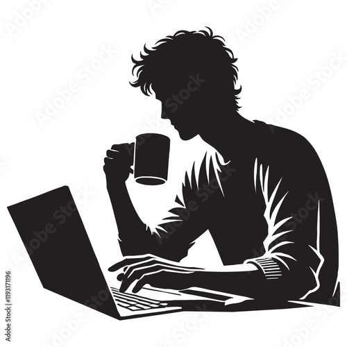a man using a laptop with a coffee mug silhouette vector illustration isolated on a white background