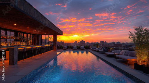 Stylish hotel rooftop bar with stunning sunset views over city, featuring beautiful pool and comfortable seating areas, perfect for relaxation and socializing