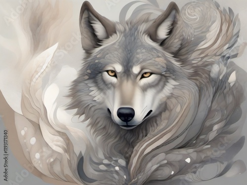 A surreal composition of a wolf, with its face merging into a stylized human visage. The fur transitions into abstract brushstrokes of gray and silver, blending with soft skin tones photo