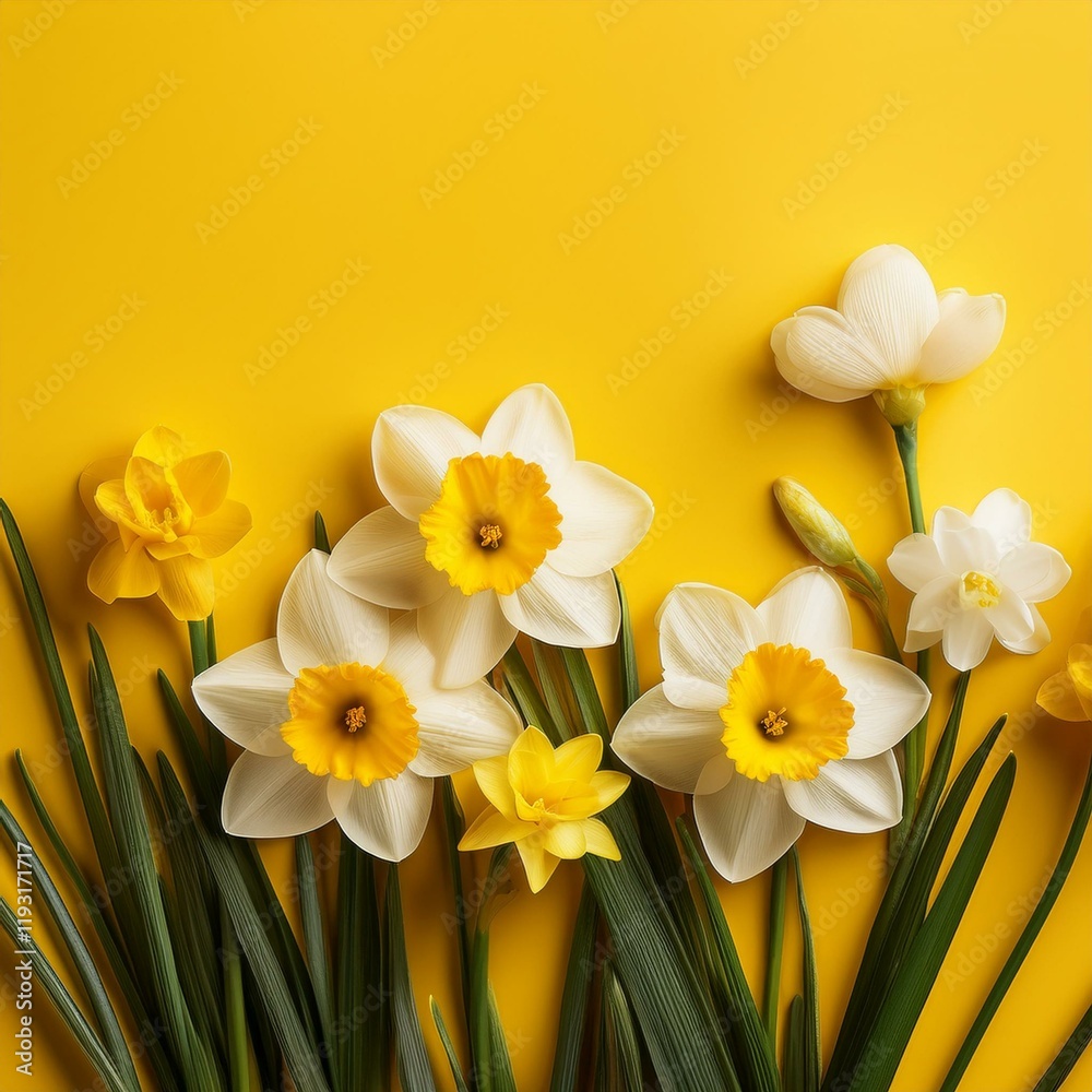 Generated image White and yellow spring flowers on yellow background.
