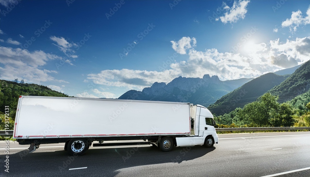 custom made wallpaper toronto digitalGenerated image White cargo truck with a white blank empty trailer on highway road with beautiful nature 