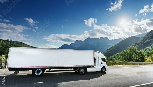 Wallpaper Mural Generated image White cargo truck with a white blank empty trailer on highway road with beautiful nature  Torontodigital.ca